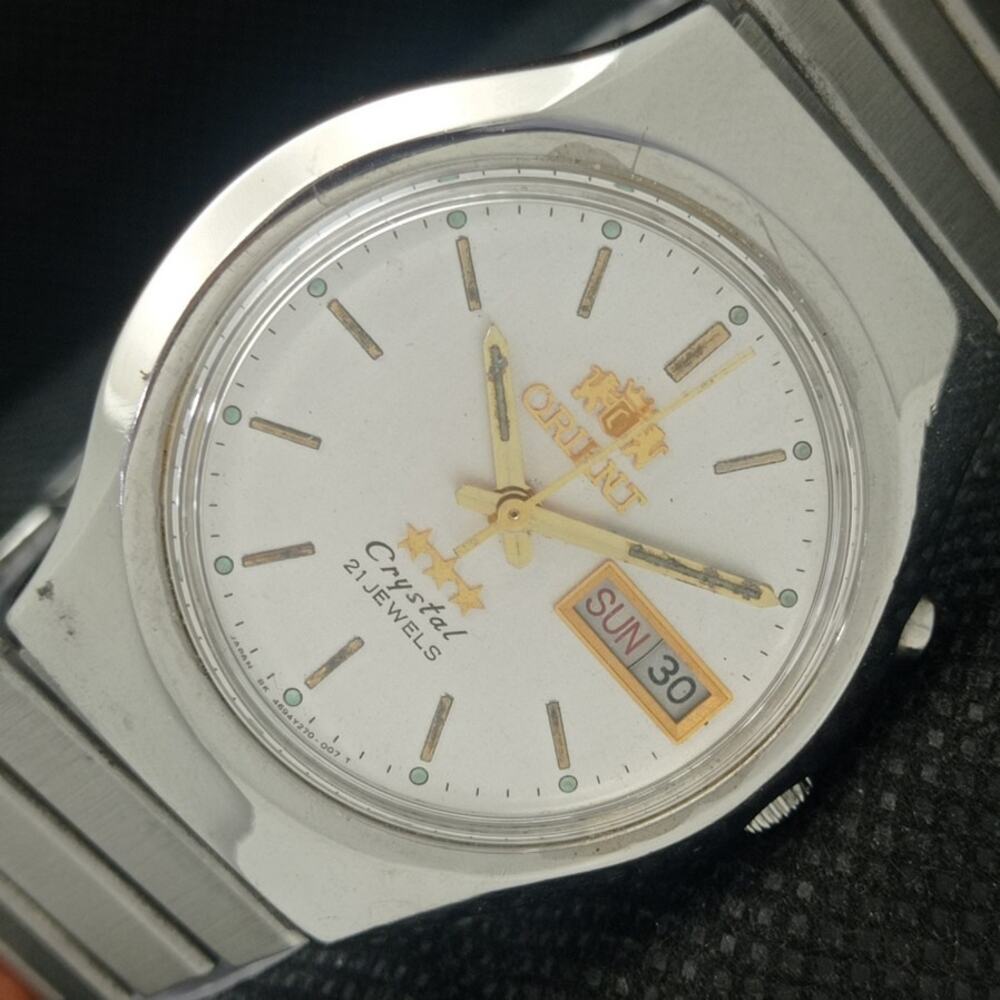 Vintage 1982 Orient Automatic Mens Silver Watch W/daydate & Gold accents